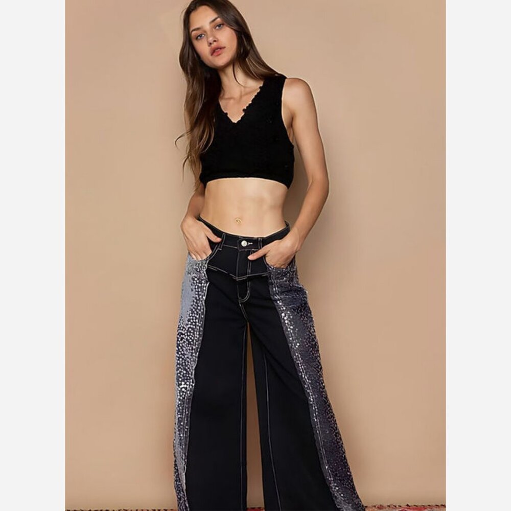 Sequin Wide-Leg Denim Pants